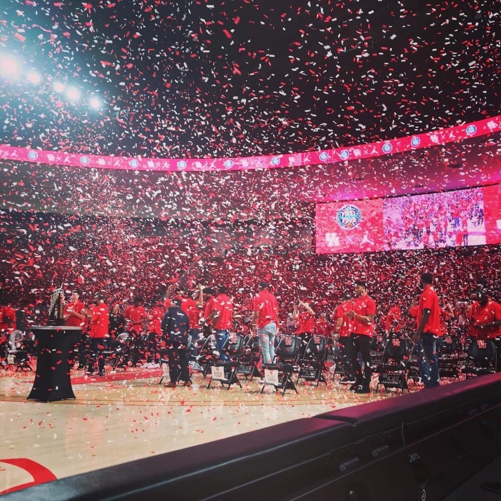 The red and white confetti was flying as Houston's Final Four team was celebrated at the Fertitta Center. (@TylerRMuse)