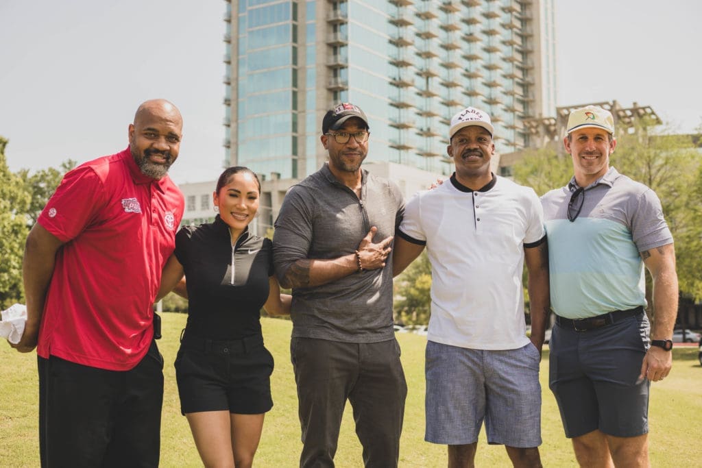 Moochie Norris, Maggie Noel, chef Chris Williams, Steve Francis and Owen Daniels at Lucille's 1913 inaugural golf tournament at Hermann Park, (Photo by Ayaan Ahsan, Ahsan's Media House)