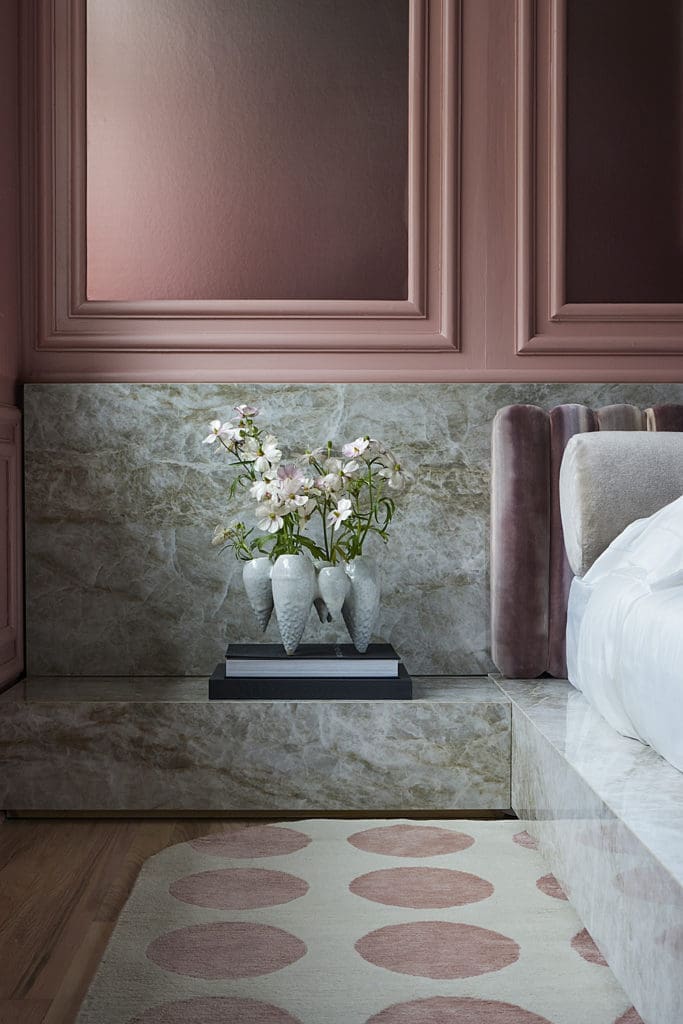 Houston-based designer Nina Magon creates a contessa's bedroom for the Kips Bay Decorator Show House Palm Beach. Three handmade bubble vases by CuoreCarpenito Studio and a white leather side table by Stéphane Parmentier for
Giobagnara. (Photo by Carmel Brantley)