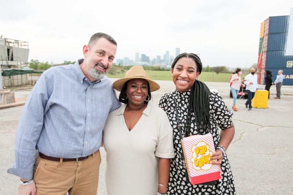 Kinder HSPVA principal R. Scott Allen, Denise Ward and Taylar Lewis attend the Kinder HSPVA fundraiser at Moonstruck Drive-In Cinema. (Photo by Katy Anderson )