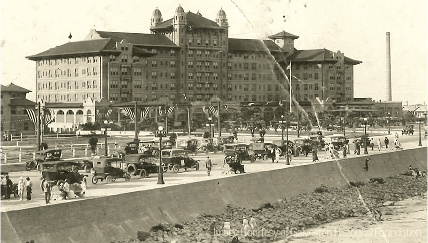 The Galvez Hotel, pictured here during the early 20th century, holds a National Register of Historic Places designation.