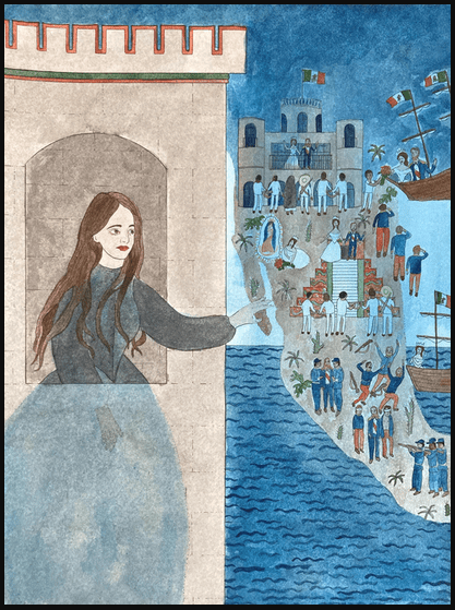 This watercolor artist from New York City creates a personal pantheon of secular and religious saints and martyrs. Jennifer may Reiland's "Empress Carlota Remembers her Domains in Mexico," 2020.