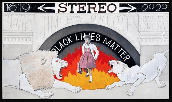 Tierney Malone uses African-American history and pop culture to create mixed-media works that challenge contemporary culture and politics. Malone's "The Little Girl in the Lion's Den," 2020. Courtesy Lawndale Art Center. 