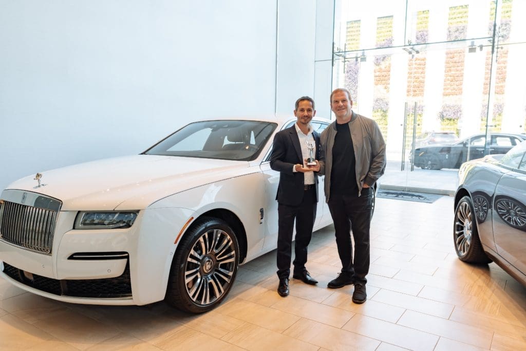 Southern Region Rolls Royce Motor Cars General Manager Martin Corsunsky and Tilman Fertitta, CEO of Fertitta Entertainment and owner of Post Oak Motor Cars, take a Rolls-Royce moment. (Photo by Bread and Water Productions)