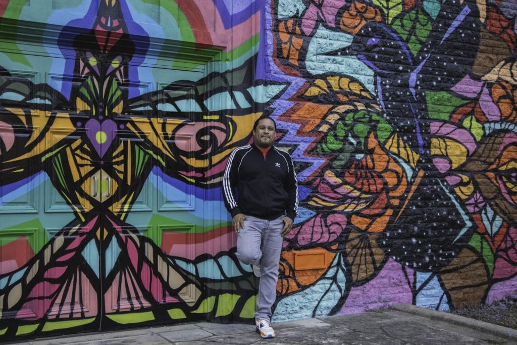 Houston muralist Daniel Anguilu jurors "The Show Must Go On," opening Saturday, May 8, 7 to 10 pm at Kallinen Art Gallery. (Photo by Shunelett Myintthu)