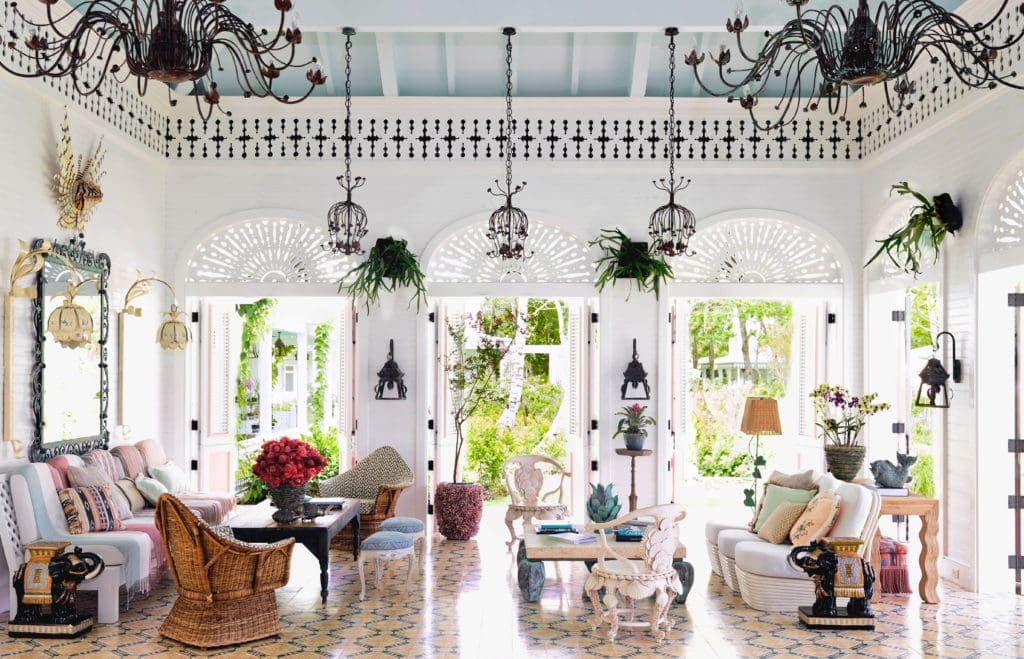 The bahia, a welcoming place for meals, cocktails and conversation, with a 30-foot aqua ceiling and Italian gessoed shell chairs.