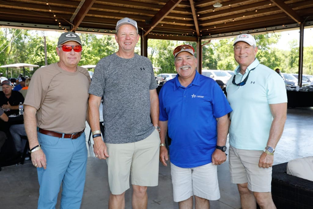 Jeff Birmingham, Billy Lemmons, Vence Petrenella, Clay Shock at the Alley Theatre Sporting Clays event at the Greater Houston Gun Club. (Photo by Priscilla Dickson)