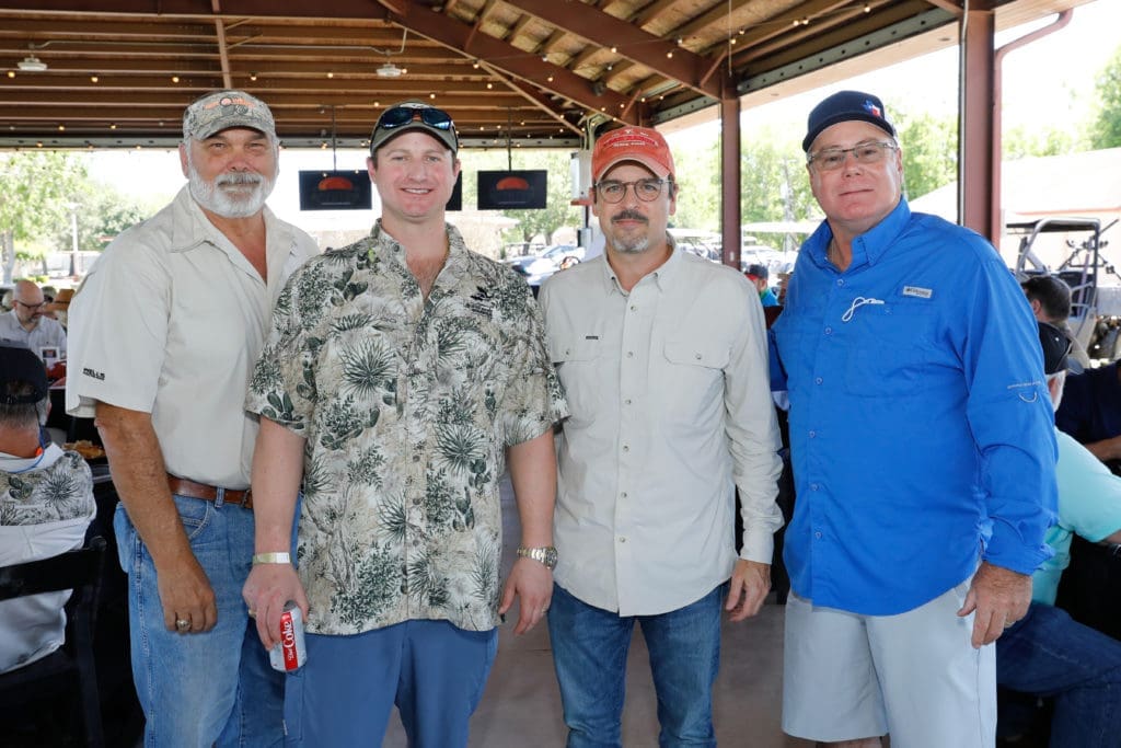 Tim Bautsch, Garrett Lucas, Trent Tellepsen, John Renken at the Alley Theatre Sporting Clays event at the Greater Houston Gun Club. (Photo by Priscilla Dickson)