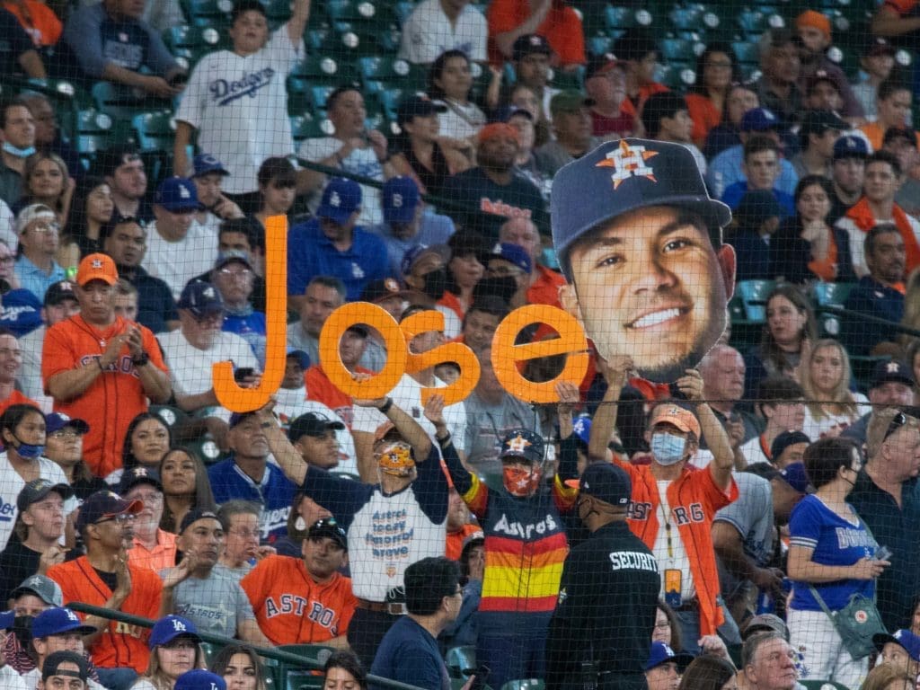 Astros fans also made themselves heard during this intense Dodgers-Astros scene. (Photo by F. Carter Smith)