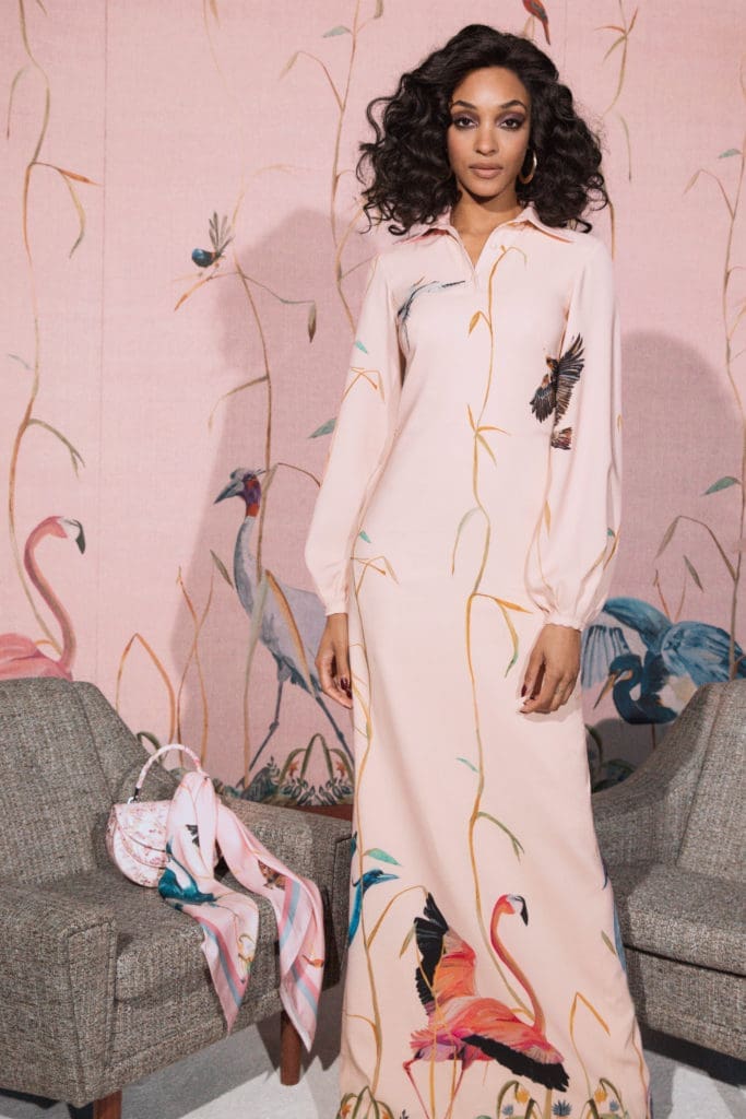 Brandon Maxwell flamingo print floor-length maxi dress with blouson sleeves. (Photo by Joe Williams for Brandon Maxwell)