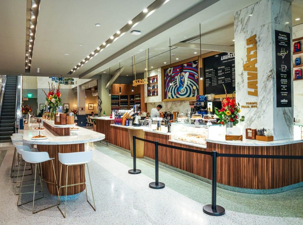 The Dallas location of Caffè Lavazza boasts a cappuccino station and seating area for all-day dining.