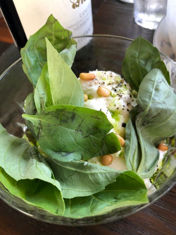 Burrata, basil pesto, toasted pine nuts, basil leaves, black pepper, olive oil … and this was a great pair to the focaccia.