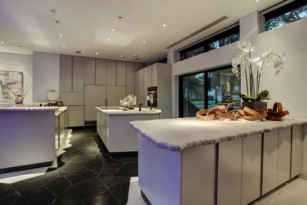 Countertops with rough edges are just part of the unusual decor in Houston's so-called Darth Vader house. From the back, the Darth Vader house in Houston's West University Place belies its unusual nickname. (Photo courtesy of Martha Turner Sotheby’s International Realty) 