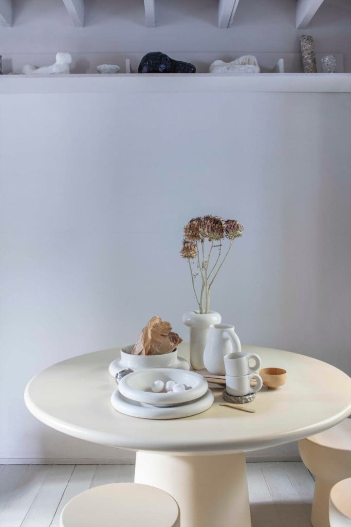 Toogood's Dough homeware includes a mug, pitcher, vase, centerpiece, platter, and bowl.