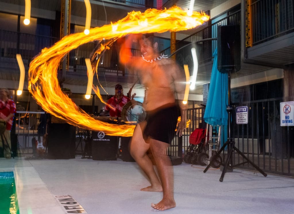 Fire dancer from Drums of the Pacific at the Heights Hotel Houston grand opening luau. (Photo by Dylan McEwan)