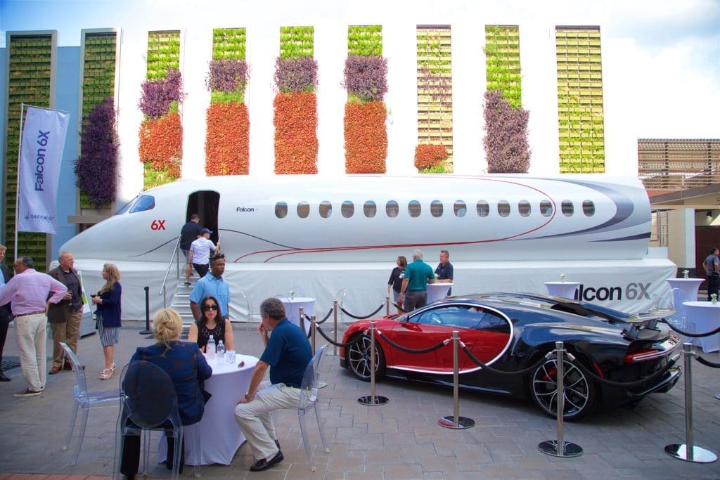 Two French masterpieces on display at the Post Oak Hotel — the Dassault Falcon 6X mock-up and the Bugatti Chiron (Photo by John Manigold)