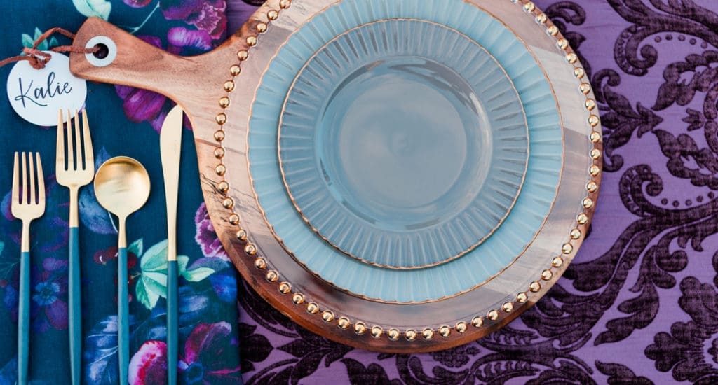 Posh – Cheese and Wine Tasting – Our Cutipol flatware and Marches Shades of Blue china with smoke glassware. Design by Social Lllama Events with Caitlin McNeil Photography.
