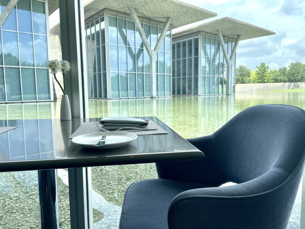 Cafe Modern's spectacular view of the reflecting pond and Tadao Ando's architectural masterpiece. (Photo by Courtney Dabney).