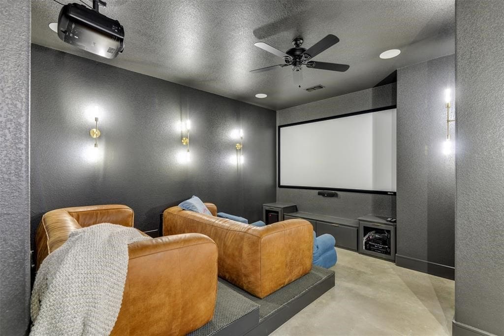 A cozy theater room offers a retreat from the great outdoors. 