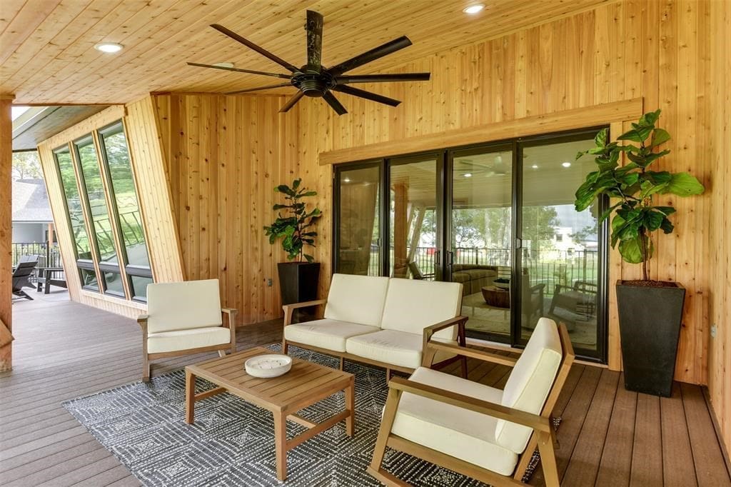 The covered patio includes a slick, hard-working fan to keep things cool. 