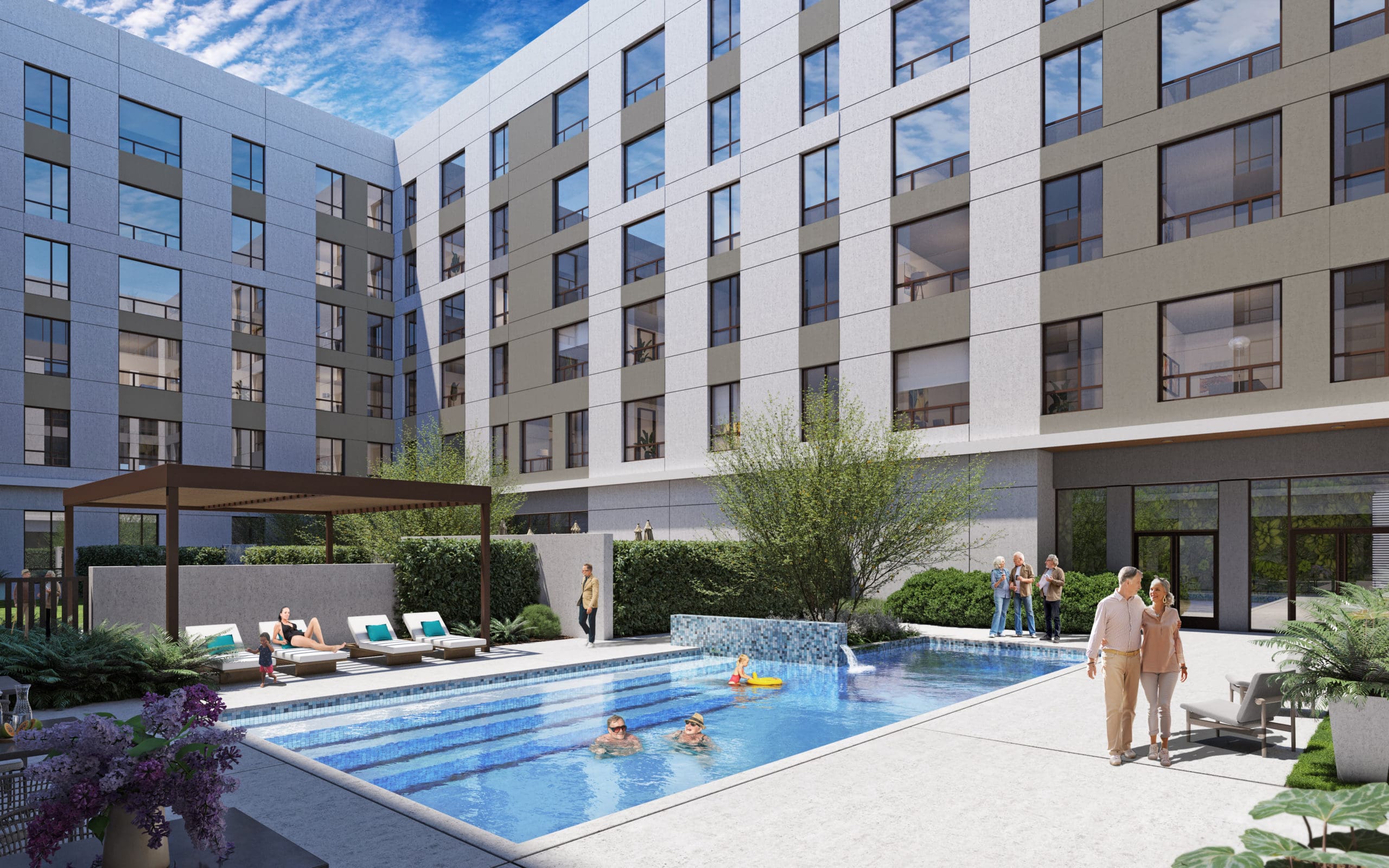 The Watermark at Houston Heights Courtyard and Pool area; Rendering Courtesy of Watermark
