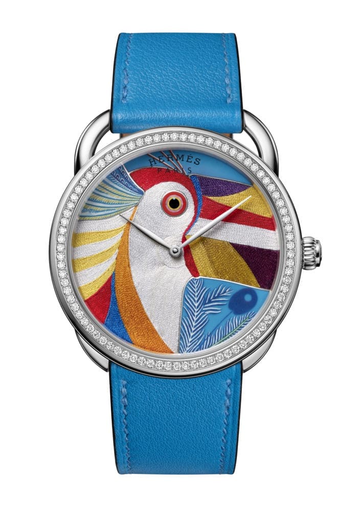 Hermès' Arceau Toucan de Paradis is embellished with 82 diamonds framed by a white gold case. (Photo by Claude Joray for Hermès)