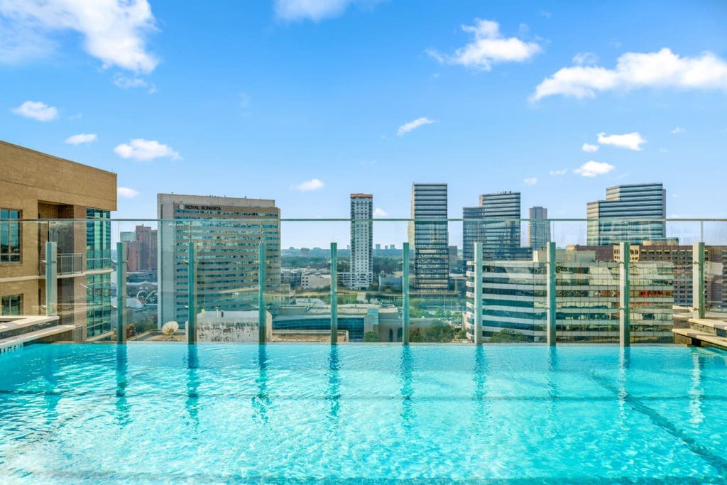 Stunning view of downtown Houston from Crimson rooftop infinity pool.
