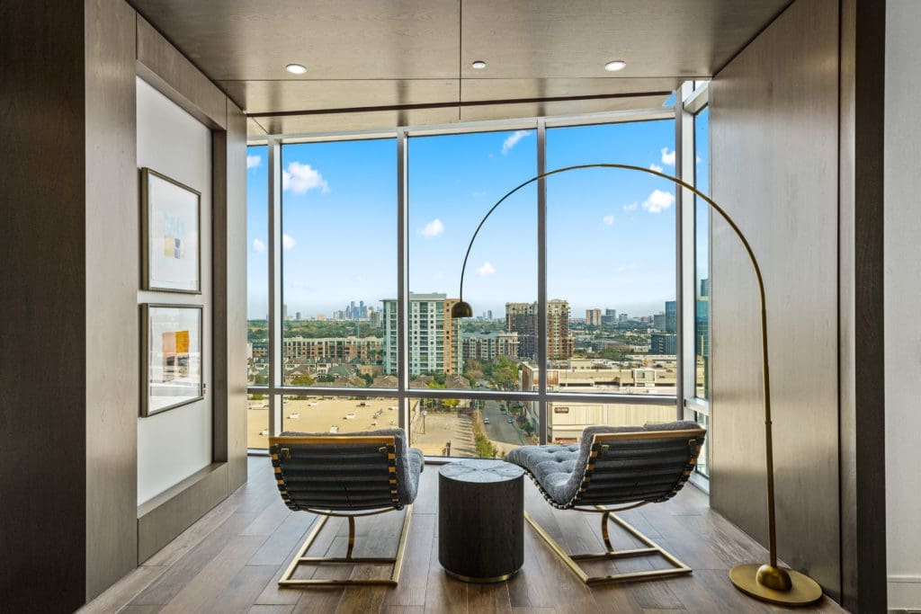 Inside Crimson near the Orangerie Gallery, offering breathtaking views of Houston. No floor repeats artwork at the Crimson.