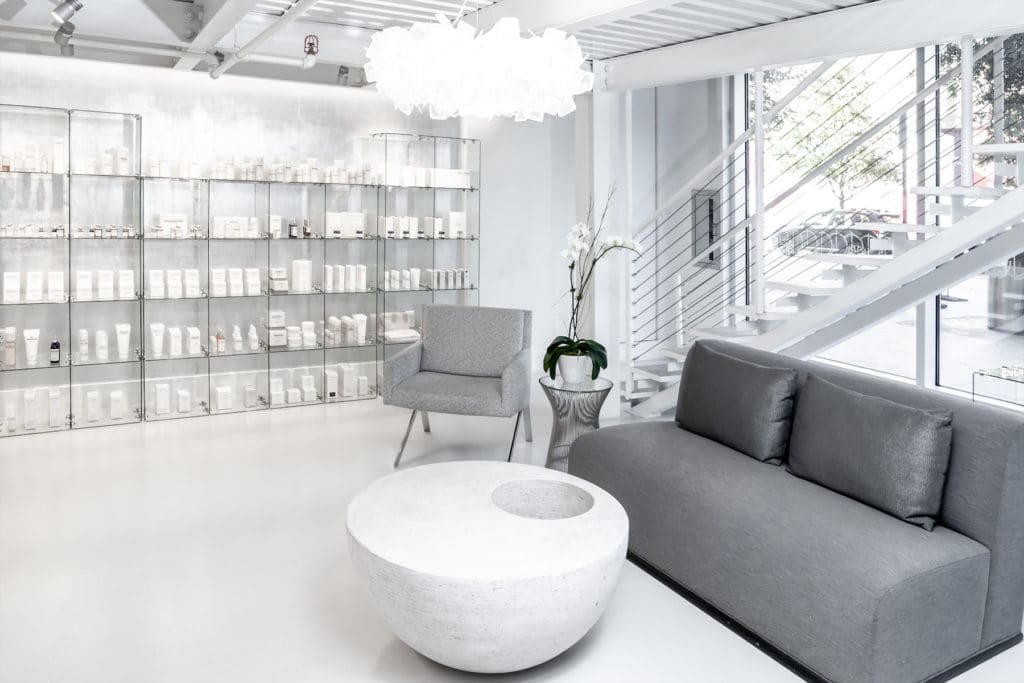 The retail area of Joanna Czech is stocked with high-end skincare brands, including  Biologique Recherche. 