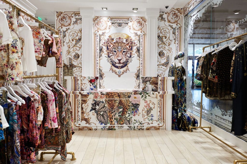Filled with the hand-drawn prints the brand is known for, the Camilla store is an immersive shopping experience. 