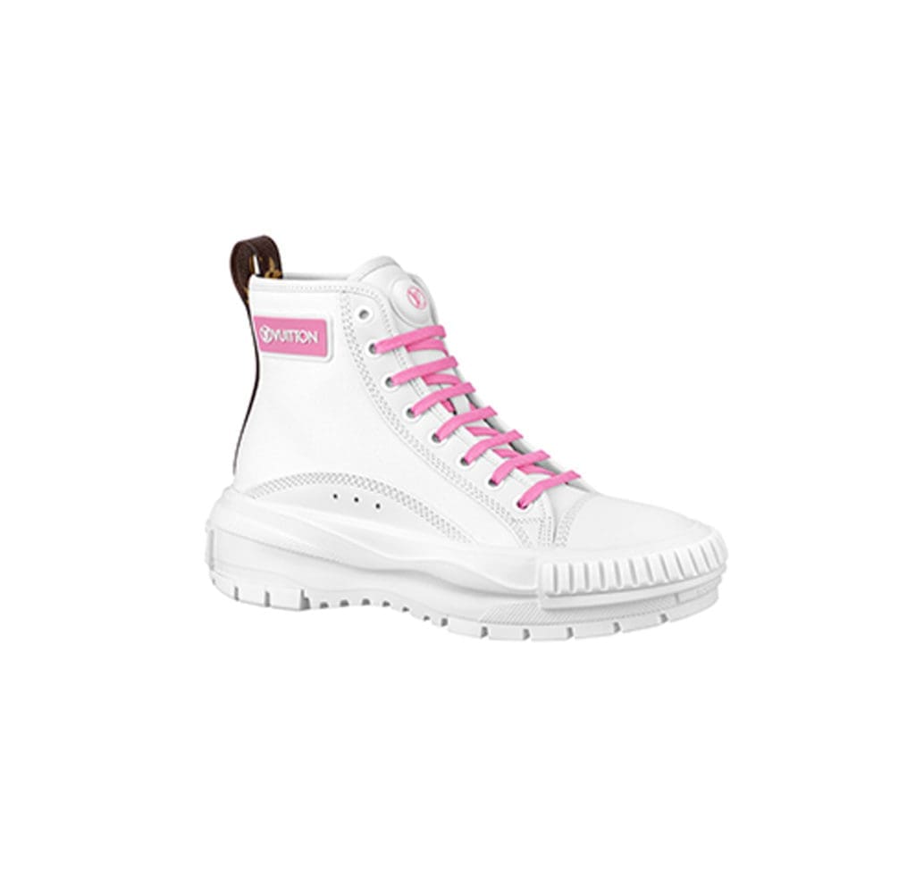 The high-top LV Squad sneaker by Louis Vuitton comes in white with a variety of colorful laces and matching signature tag. (Photo courtesy of Louis Vuitton)