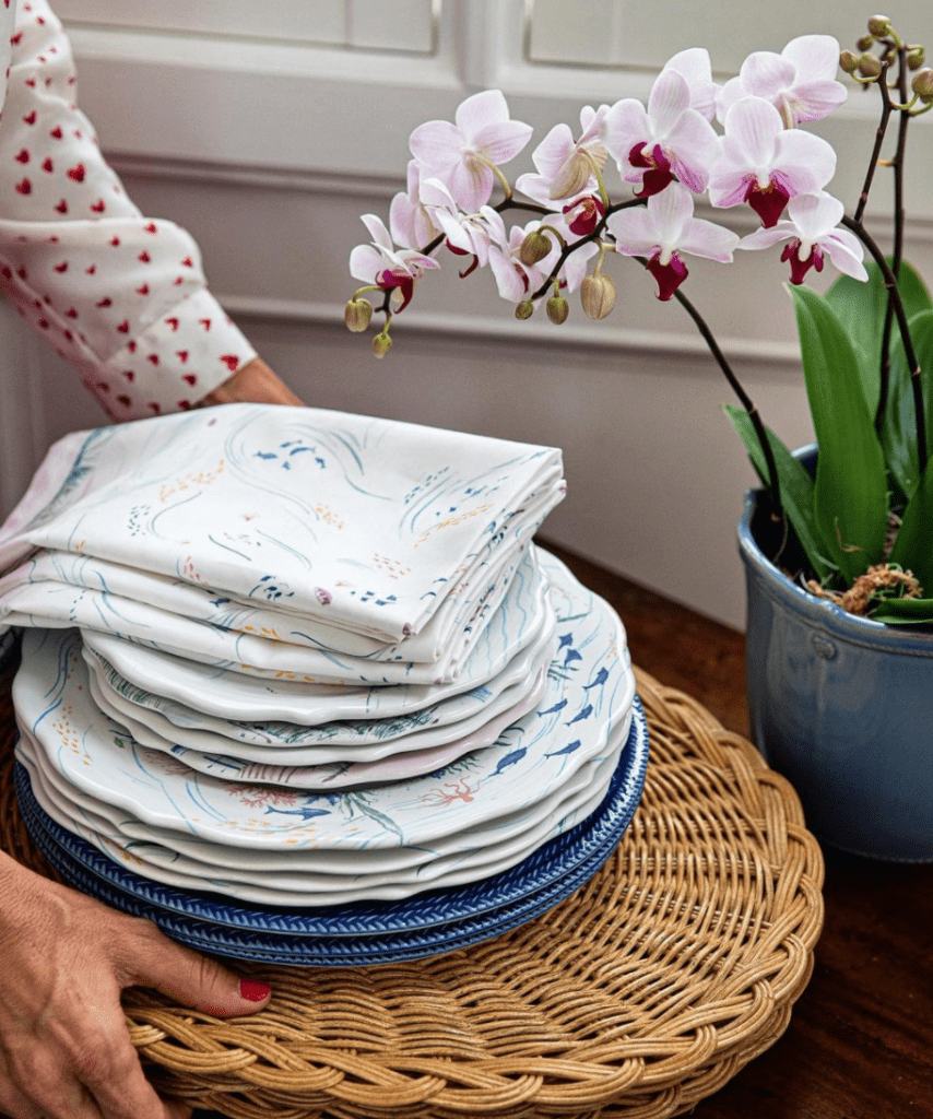 Mix patterns, colors and textures when setting a tablescape.