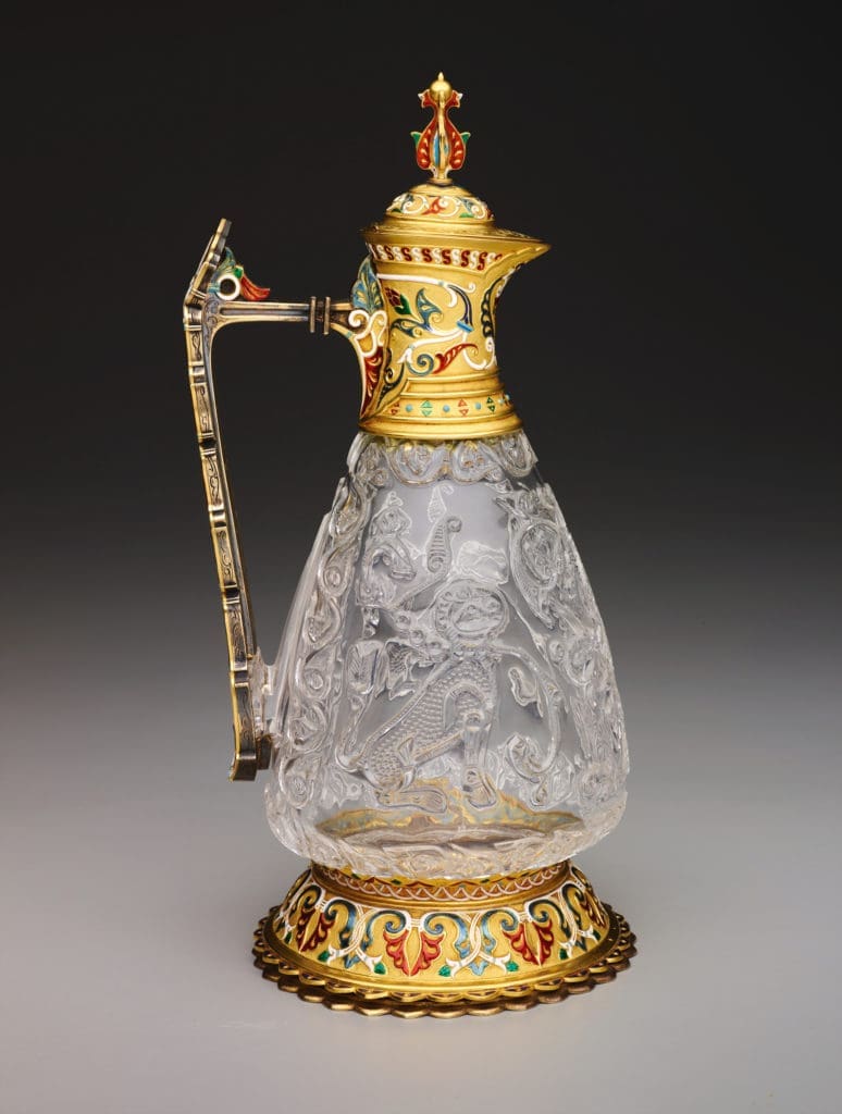 Ewer, late 10th-early 11th century, rock crystal, with enameled gold repairs and fittings by Jean-Valentin Morel in the 19th century. The Keir Collection of Islamic
Art on loan to the DMA.