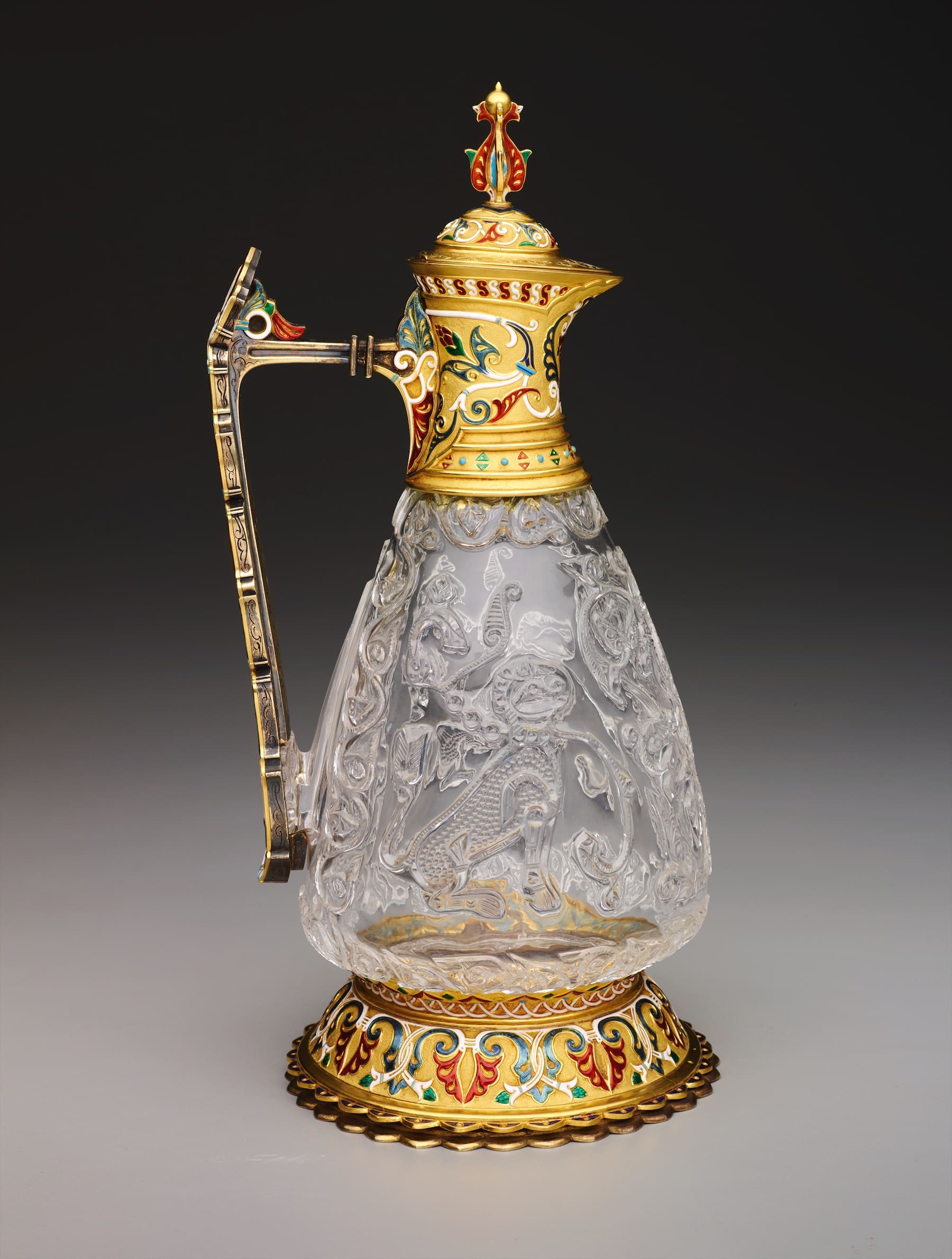 037 Ewer, late 10th-early 11th century, rock crystal, with enameled gold repairs and fittings by Jean-Valentin Morel
