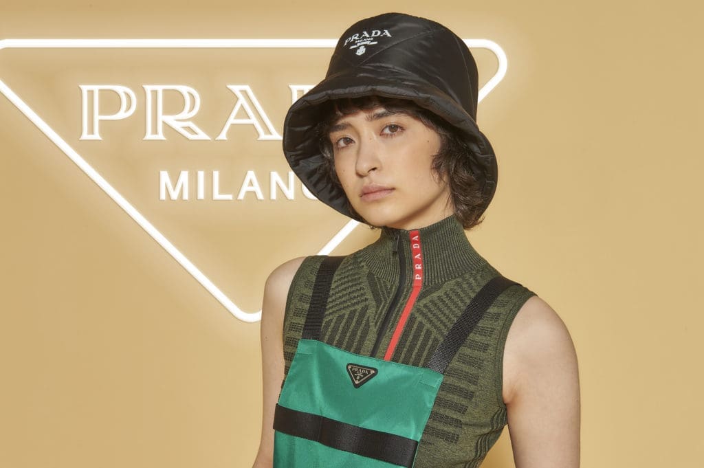 Prada overalls $1,970, hat $595
undergarment top $1,050, available at the Prada Aspen boutique through September 7 (photo courtesy of Prada)