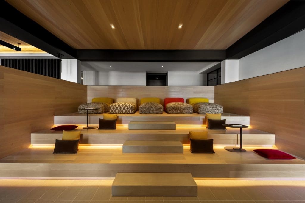 The auditorium/movie area at The Victor takes lounging to a new comfy level. (Photo by  Eric Laigne)