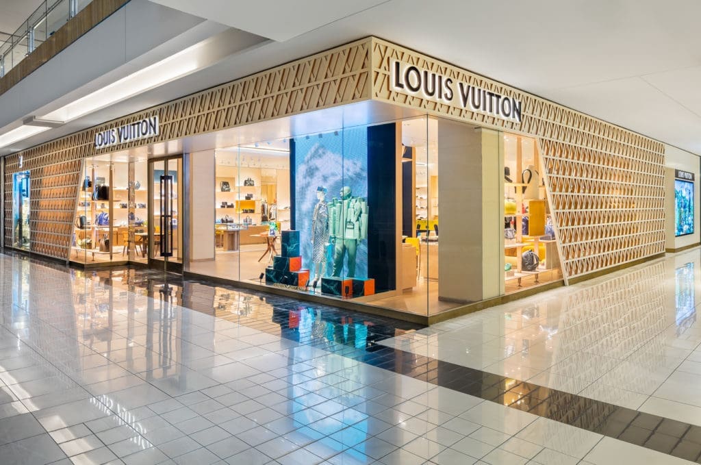 The Louis Vuitton men's store in The Galleria occupies a strategic corner in the Houston Galleria I between Ferragamo and Gucci.