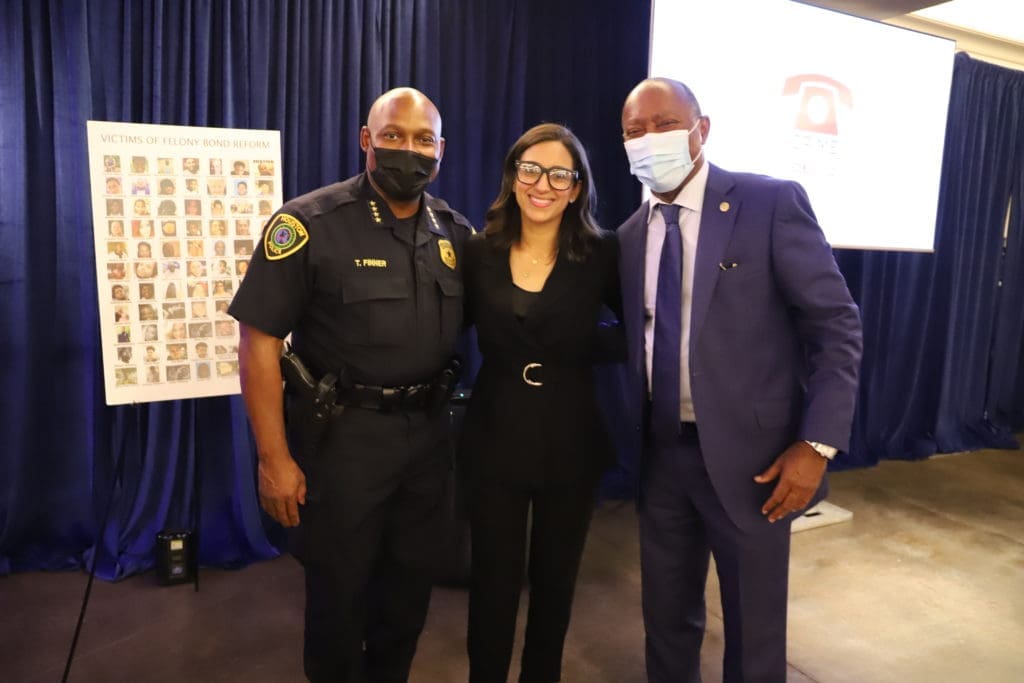 Houston Police Chief Troy Finner, Crime Stoppers CEO Rania Mankarious, Mayor Sylvester Turner at the community chat at the home of Sheridan and John Eddie Williams.
