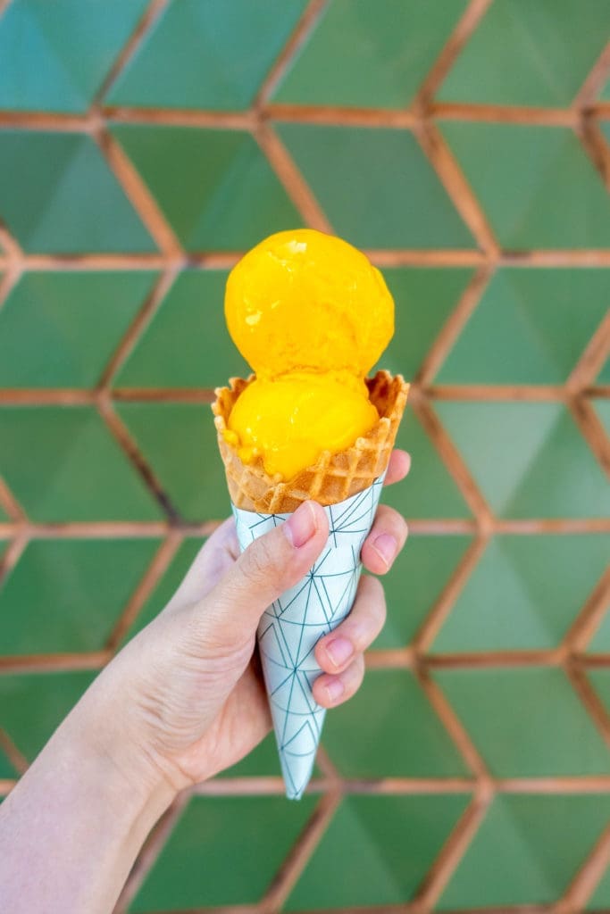 Mango and passion fruit sorbet from Frohzen are pure fruit, no water added, guaranteeing a powerful taste punch. (Photo by Emily Chan)