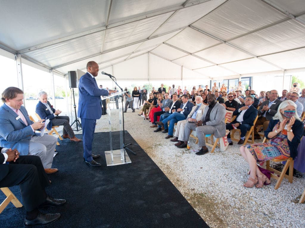 Midway's East River groundbreaking setup included an elaborate tent. (Photo by F. Carter Smith)