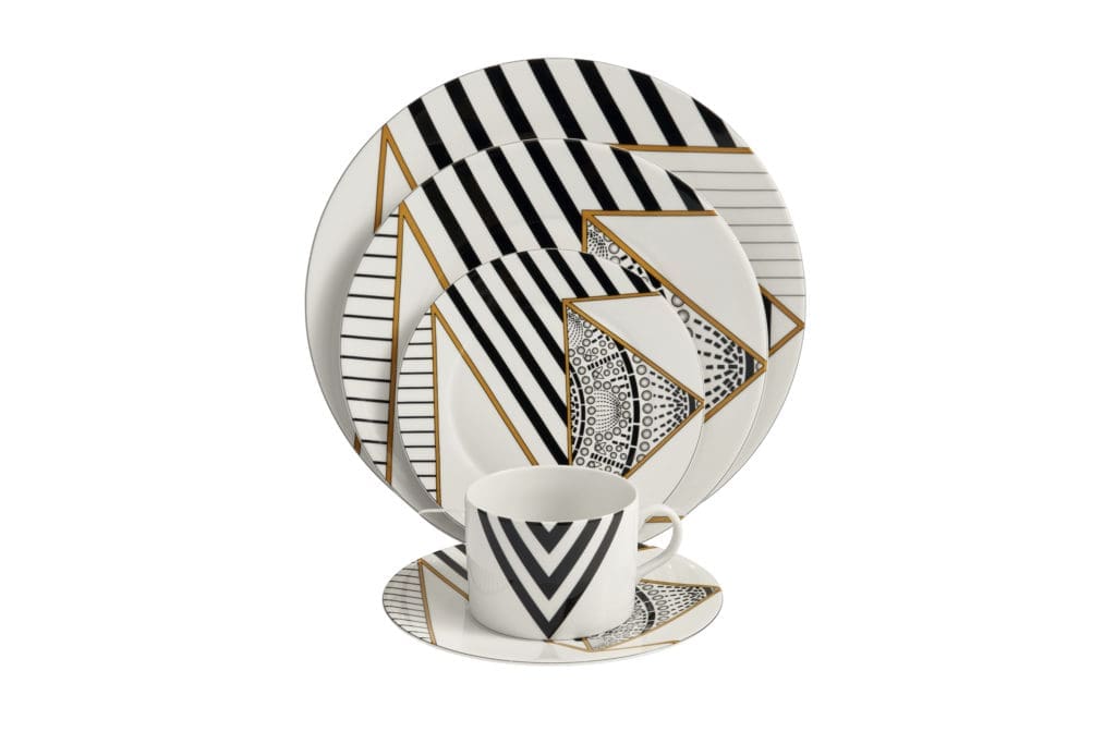 Nina Magon Studio introduces its new tableware collection, here, the Alina pattern is embellished with strong graphic lines and pearlized spheres.