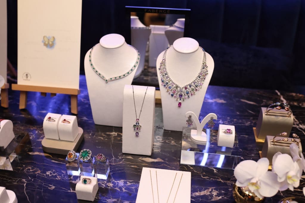 Fabergé jewels on display at MAD during the fundraiser for the Correa Family Foundation and the Gemfields Foundation. (Photo by Quy Tran)