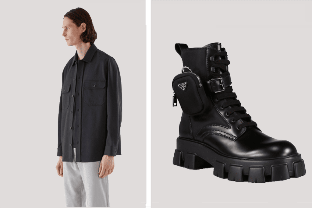 COS relaxed-fit navy blue jersey overshirt, $99. Prada lug-sole combat boots, $1,550
