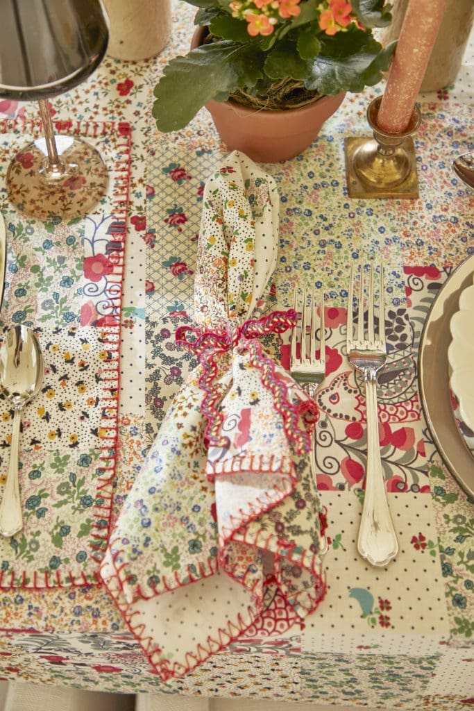 Detail of Hunter Bell's table linens in the Patchwork pattern