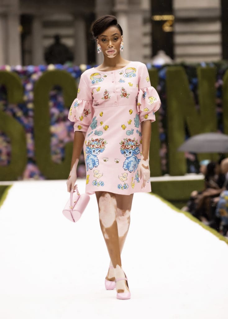 Winnie Harlow, who was a guest judge with Moschino creative director Jeremy Scott in "Making The Cut," models a Moschino dress emblazoned with nursery rhyme characters. (Photo courtesy of Moschino)