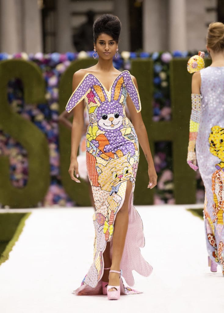 A bunny with three-dimensional ears perks up the bodice of this Moschino evening gown. (Photo courtesy of Moschino)
