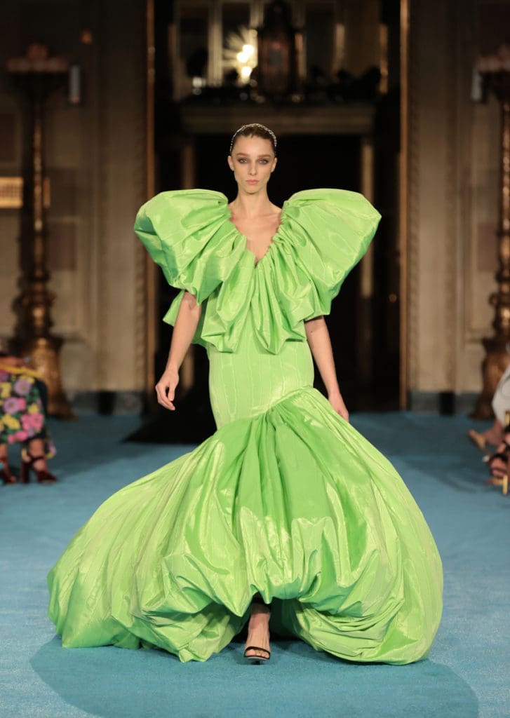 Christian Siriano lime green gown with voluminous shape. (Photo by Mike Coppola/Getty Images for Christian Siriano)