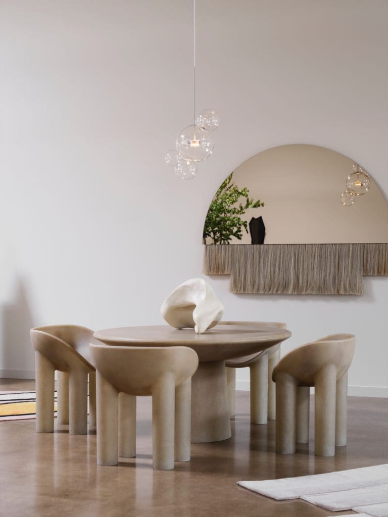 Roly Poly dining table and chairs are Faye Toogood, London. Ceramic sculpture by Re Jin Lee, NY. Mirror is Ben & Aja Blanc, Rhode Island.
Giopato & Coombes light fixture, Italy. (Photo by Lisa Petrole)
