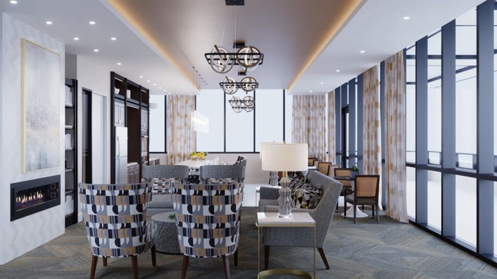 The Club Room located on the sixth floor of MorningStar RiverOaks features magnificent views of downtown Houston. (Rendering courtesy of Munoz + Albin Architecture)