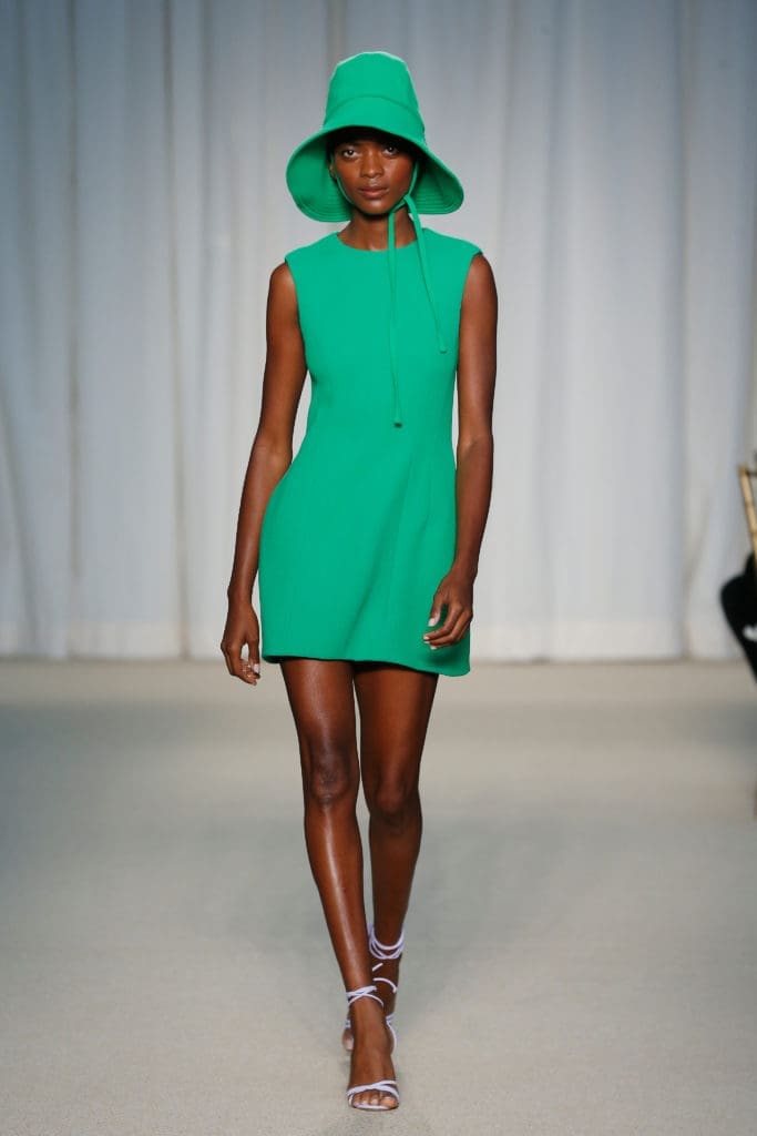 Adam Lippes green wool crepe sheath dress, green wool crepe hat. (Photo courtesy of Adam Lippes)